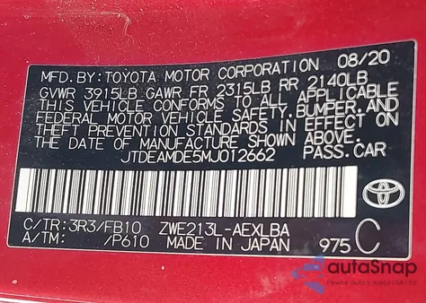 2021 Toyota Corolla Le z USA, uszkodzony, nr VIN JTDEAMDE5MJ012662